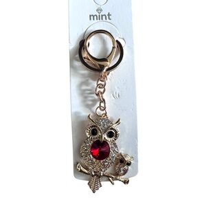 Mint Gold Owl Keychain with Red Accent